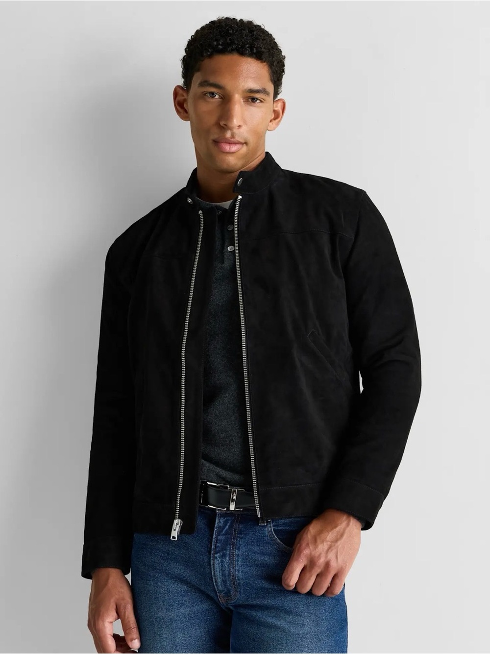 Quince Men's Black 100% Suede Zip-Front Café Racer Jacket Coat L NWOT